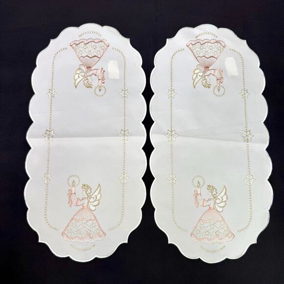 Set 2 German Embroidered Christmas Angels Table Runners 11x22 Pink Gold Thread - Picture 2 of 6